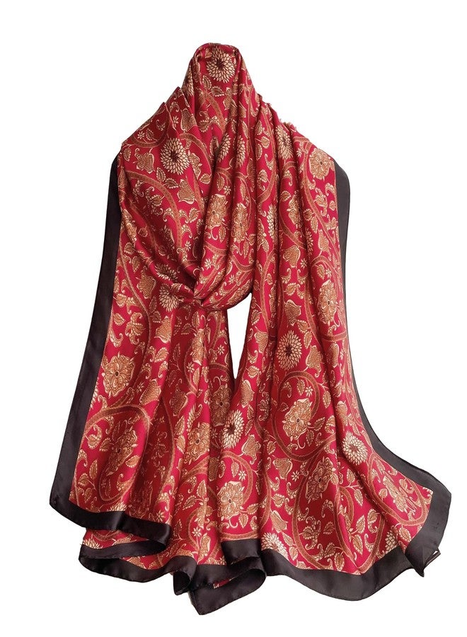 Aufeel Fashion Scarves 100% Satin Silk Scarf Long Lightweight Sunscreen Shawls Wraps for Women Hair Scarves (Black Red) - Image 1
